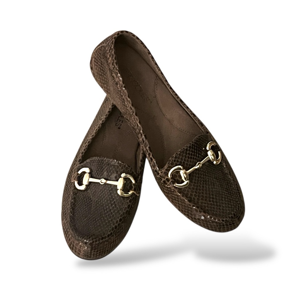 Aerosoles Dark Chocolate Crocodile / Reptile Embossed Flat Loafer wGold-tone Bit